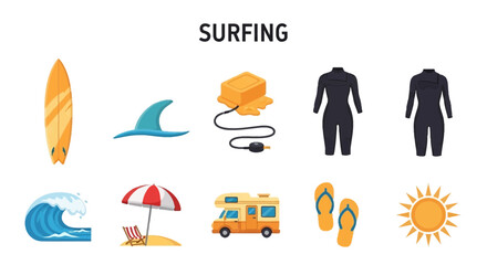Fototapeta premium An illustration displaying ten icons related to surfing activities on a white background