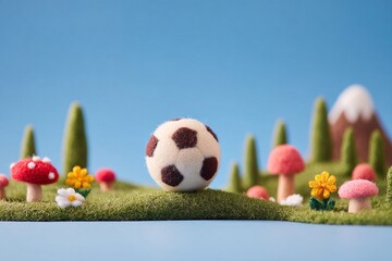 Colorful scene with a felt soccer ball on a grassy landscape surrounded by mushrooms and flowers in a playful setting