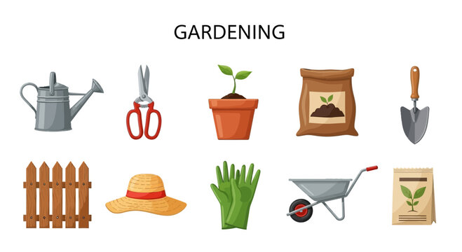 Cartoon illustrations of various gardening tools supplies and elements