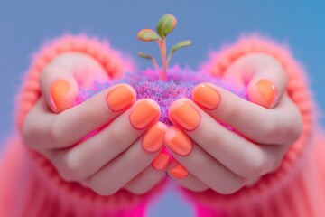 Hands hold a small plant on a pink and purple background with bright nail polish and soft clothing details in the scene