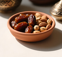 Clay bowl filled with dates and nuts, Middle Eastern Ramadan food