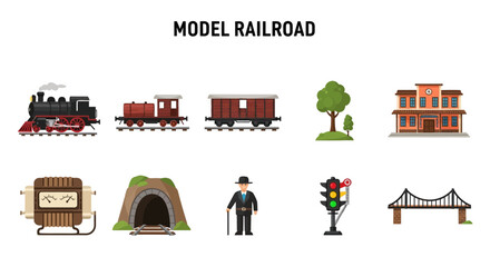 Collection of ten colorful icons related to model railroads including rolling stock and scenery © Kenywanch