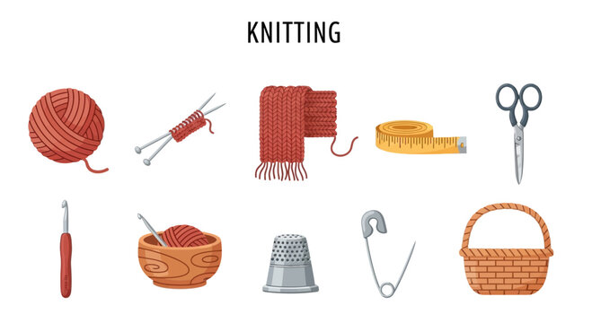 Collection of ten red and brown knitting and sewing tools and items on a white background