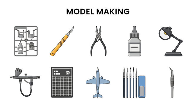 Collection of tools and items used for plastic scale model making