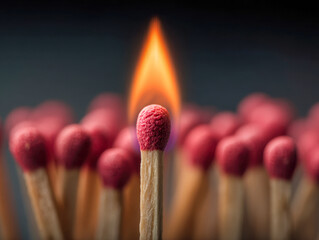 Single ignited matchstick with bright orange flame standing out among numerous unlit matches on dark background symbolizing leadership and inspiration concepts
