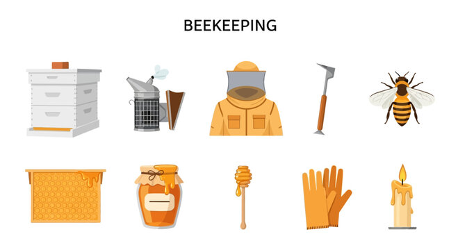 Illustration set of ten beekeeping tools equipment product and insect on white background