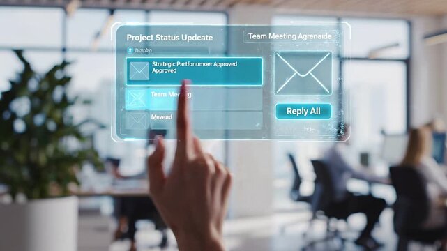 Close-up of a hand interacting with a holographic display showing a project status update