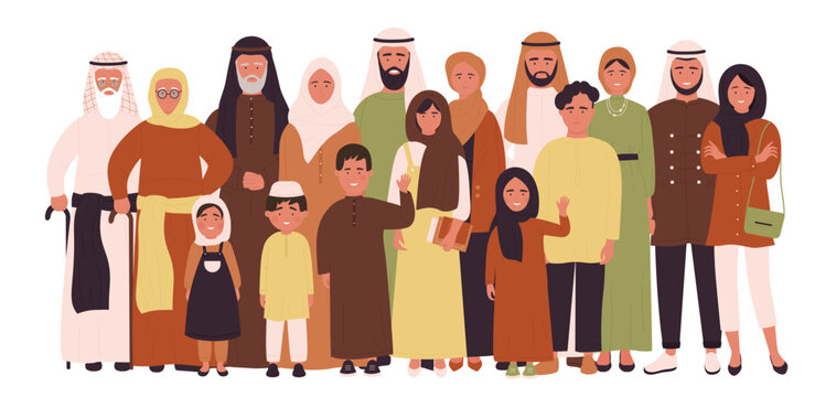 Arab big family of generations standing together. Portrait of happy modern Muslims, adults and children, senior and young people greeting, female characters in hijabs cartoon vector illustration
