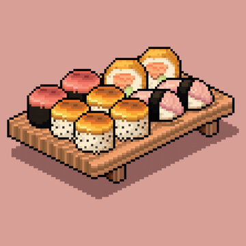 Pixel art sushi assortment on wooden platter featuring nigiri, maki, and uramaki in vibrant 8-bit retro style. Vector illustration of diverse japanese sushi set with salmon, tuna, tamago.