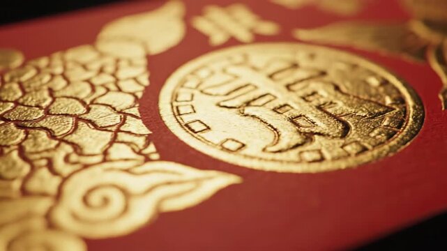 A close-up view of a red envelope with gold Chinese New Year coin and fish design