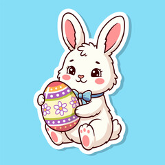 Obraz premium Easter bunny illustration vector sticker. Cute white rabbit with easter egg. Cartoon character mascot.