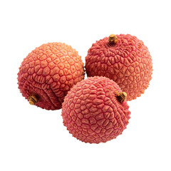 Three Lychee Fruits with Textured Red Skin Isolated on a transparent Background
