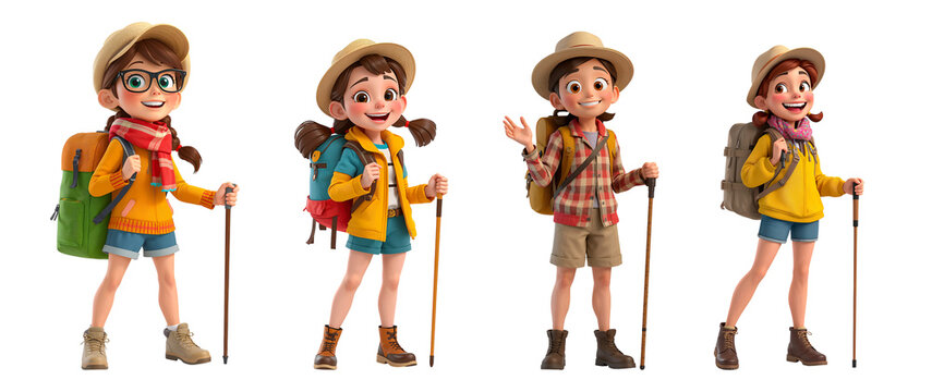 Happy cartoon woman tourist with backpack isolated on transparent background