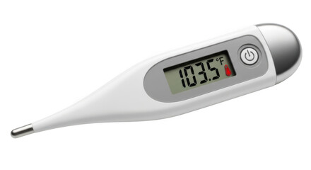 Modern White Digital Medical Thermometer Displaying a High Fever of 103.5 Degrees Fahrenheit, Isolated on a Stark Black Background, Symbolizing Illness, Health Concerns, and Temper