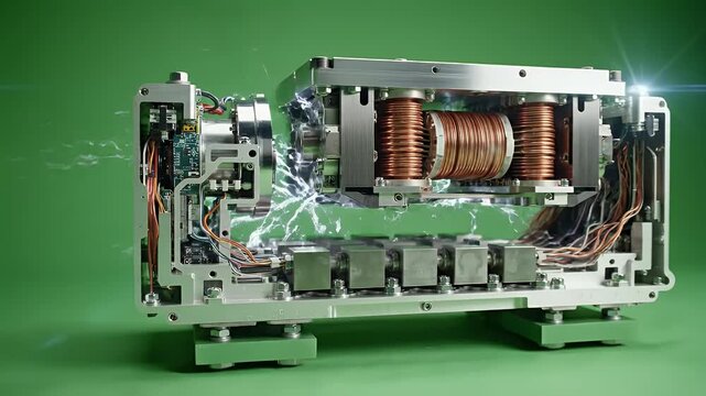 A complex scientific device featuring copper coils, circuit boards, square metal blocks, and wiring against a green backdrop