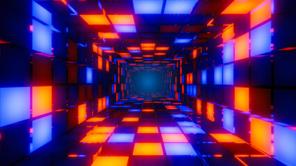Fototapeta premium Digital tunnel with glowing orange and blue checkerboard patterns creating an abstract visual experience