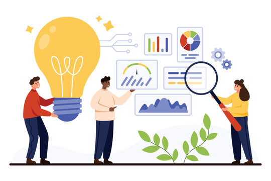 Business team analyzing charts, graphs, and statistics with magnifying glass and lightbulb, representing data analytics, teamwork, and innovation isolated on white background vector illustration