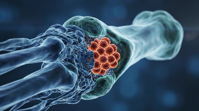 Microscopic view of pathogen cluster within biological vessel
