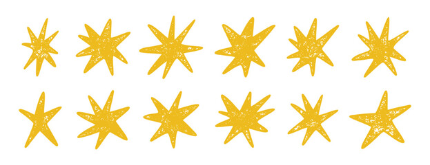 Hand drawn textured yellow stars set grunge line art design © Yanka