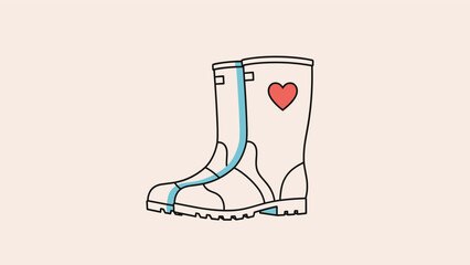 Pair of white rubber rain boots with a blue stripe and a small red heart icon on a soft pink background for autumn season.