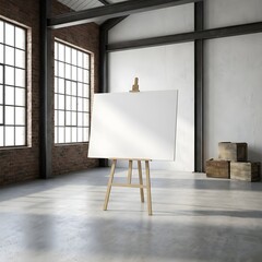 blank canvas easel in industrial loft studio