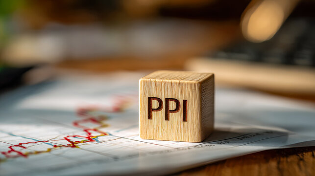 Wooden block with ppi abbreviation sitting on financial charts symbolizing producer price index and economic market analysis concept with blurred background