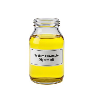 A glass jar containing hydrated sodium chromate with a yellow liquid inside, placed on a plain surface, viewed from the front.