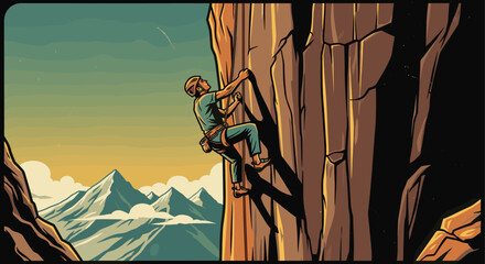 Illustration of a rock climber scaling a mountain. Ideal for use in adventure, travel, fitness, or determination marketing materials.