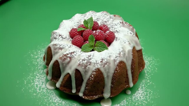 A ring cake, topped with red raspberries, mint leaves and powdered sugar, on a green backdrop