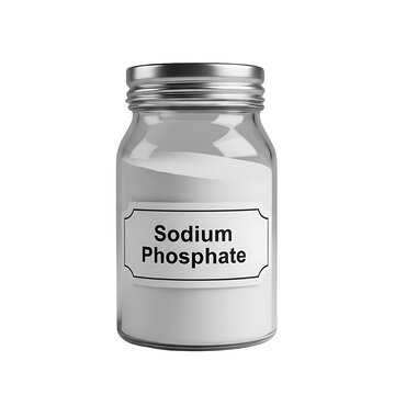 A glass jar filled with sodium phosphate powder on a plain background from a frontal viewpoint