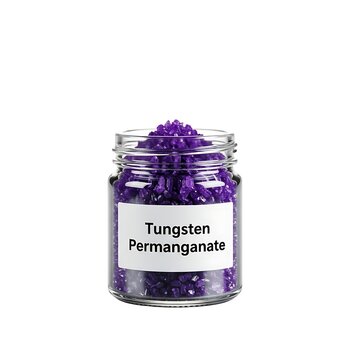 A transparent glass jar filled with purple tungsten permanganate crystals on a white surface viewed from the front