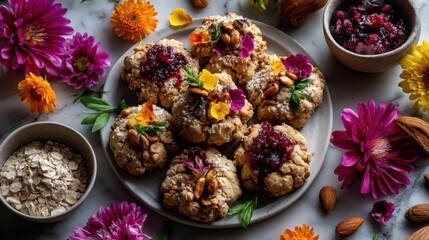 Decorated vegan oatmeal cookies with natural food coloring