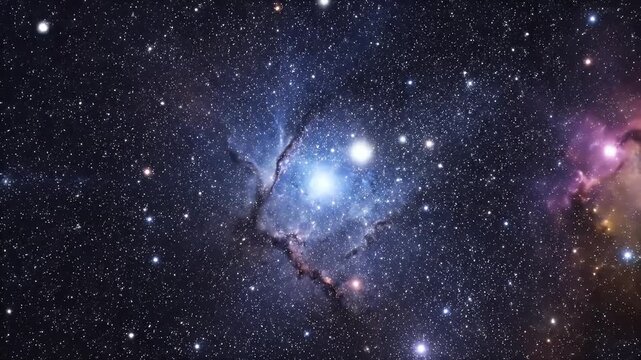 A celestial landscape showcases a nebula, vibrant star clusters, and countless sparkling stars