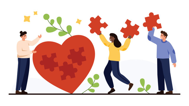 People holding puzzle pieces fitting into a large red heart symbolizing teamwork, charity, and donation support for community and social causes isolated on white background vector illustration