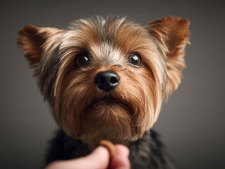 Curious Yorkshire terrier dog looking intently at a hand offering a treat against a soft neutral background in a warm and intimate pet portrait