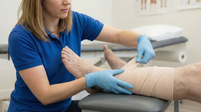 Therapist wrapping leg with an elastic bandage in a professional close-up, securely applying a beige compression bandage to an elderly patient's swollen ankle