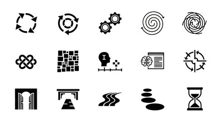 Obraz premium Collection of diverse conceptual icons depicting processes, cycles, structure, thought, data, goals, paths, balance, and time, ideal for modern visual design and communication