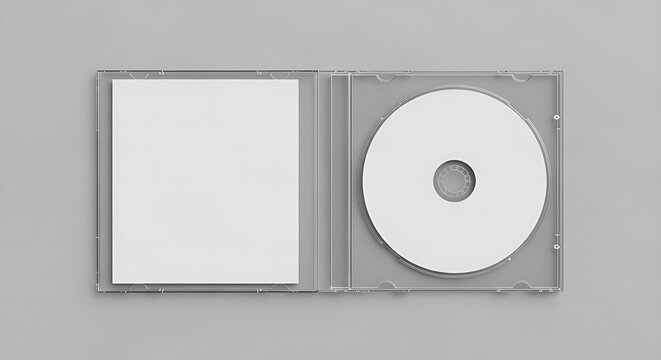 blank dvd case, Open clear plastic CD jewel case with blank white disc and insert for branding. Mock-up of compact disc packaging on soft gray background. Represents digital storage, music or software