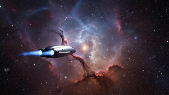 Futuristic spaceship traveling through a glowing colorful nebula in deep space for science fiction and cosmic exploration themes