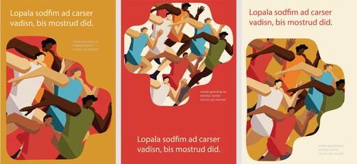 Fototapeta premium Diverse people running together. Unity, teamwork and active lifestyle flat illustration
