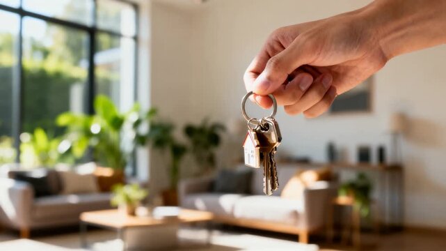 Hand holding house keys in a bright modern living room, home purchase, rental agreement, property investment and moving day.