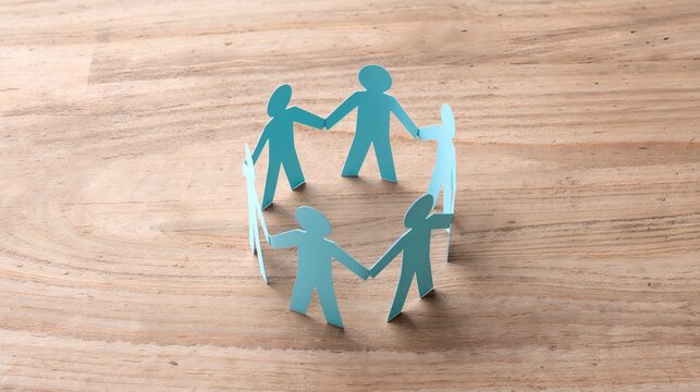 Connected cut-out paper figures representing unity and collaboration on a wooden surface. A visual metaphor for teamwork and togetherness. 