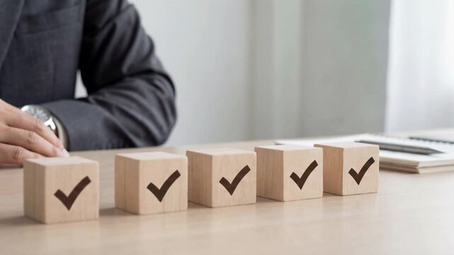 Business process validation and quality control concept with checklist blocks showing progress and success.