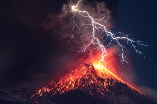 Bright lightning striking erupting vent with molten lava and ash showers, stark bluewhite flashes illuminating smoke and glowing rivers, utility crews preparing contingency plans for infrastructure