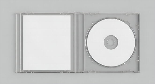 blank dvd case, Open clear plastic CD jewel case with blank white disc and insert for branding. Mock-up of compact disc packaging on soft gray background. Represents digital storage, music or software