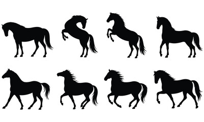Eight distinct horse silhouettes showcasing various running and walking poses on a white background, capturing their elegance and movement in a simple yet dynamic representation.
