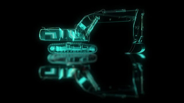 overlay futuristic holographic hydraulic excavator hud interface with digital wireframe schematics and construction machinery data