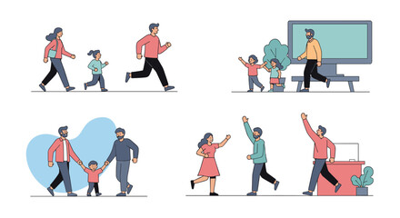 Fototapeta premium Group of people in various social settings shows family members walking holding hands and running for healthy exercise.