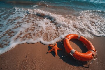 Obraz premium A bright orange lifebuoy is lying on the sand.