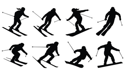 Naklejka premium Silhouettes of people skiing and snowboarding in various dynamic poses on a white background, showcasing different stances and movements with ski poles in a stylish and modern illustration. 